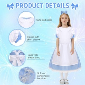 Aomig Alice in Wonderland Costume Blue Dress Classic Fancy Dress with White Apron and Headband for Children Bow Headbands Headdress for Women Girls Book Figure Costumes World Book Day (110 cm)