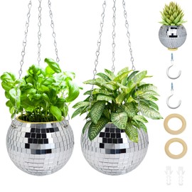 Tialero 2Pcs Disco Ball Planter, 6"/8" Disco Planter with Hanging Chain & Hook & Ring Stand, Disco Ball Plant Hangers for Indoor and Outdoor Plants, Hanging Plant Holder (2Pcs 6", Silver)