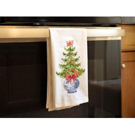 Chinoiserie Christmas Tree Towel, Blue and White Kitchen Decor, Preppy Chinoiserie Hand Towels, Chinoiserie Decor Tea Towels - 100% Certified Organic Cotton Flour Sack, White (Christmas Tree)