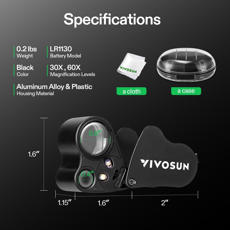 VIVOSUN 30X 60X Illuminated Jewelers Loupe Foldable Magnifier with LED