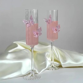 2Pcs Pink Butterfly Wine Glasses, 3D Butterfly Champagne Cups Drinking Glasses Fashioned Wine Cocktails Glassware Romantic Champagne Glasses for Weddings Engagements Party Gifts (Striped Style)