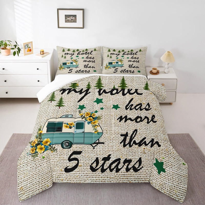 Manfei Happy Camping Comforter Set Full Size,Camper RV Trailer Decor