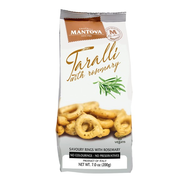 Taralli with Olive Oil and Rosemary from Puglia, Italy. (Pack of 2), 7 oz All Natural Ingredients: wheat flour, white wine, olive oil, extra virgin olive oil, salt