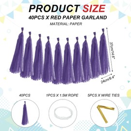 MECCANIXITY 40Pcs Tassel Garland Banner Tissue Paper for Streamers Party Decorations, Valentine's Day Birthday Decor for Women with Rope and Tie Wire (Dark Purple, 14.6Inch)