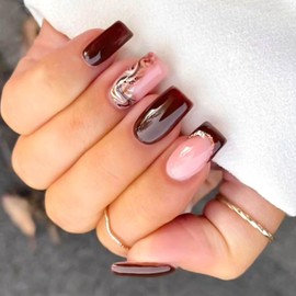 RUOKEXIN Medium Square Press on Nails French Tip Fake Nails Brown False Nails with Designs Sparkly Artificial Nails Full Cover Glue on Nails Medium Nail Press ons Cute Stick on Nails for Women 24Pcs