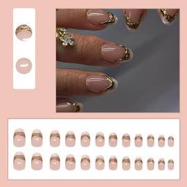 24Pcs French Tip Press on Nails Short Oval Fake Nails 3D Gold Nails Tip Line Design French Glue on Nails Glossy Full Cover False Nails Nude Pink Acrylic Nails Reusable Stick on Nails for Women DIY Kit