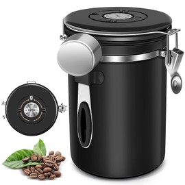 Bote Hermético para Café,Tarro de Café de Acero Inoxidable, con Identificador de fecha y Cuchara para café molido,café en polvo, azúcar,granos,1.8L (Acero inoxidable negro)