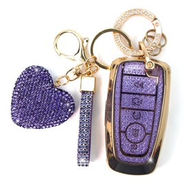 YIKECASE Key Fob Cover with Diamond Keychain for Women, Car Key Holder Compatible with Ford Explorer Fusion Edge Expedition F150 F250 F350 F450 F550 Maverick Mustang, 5 Buttons (Purple-Heart)