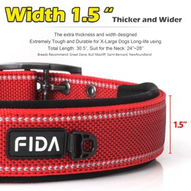Fida Heavy Duty Dog Collar 1.5” Width, Ultra Soft Neoprene Padded, Adjustable Reflective Nylon Pet Collar with Two Metal Pin Belt Buckle for Large/X-Large Breeds (XL, Red)