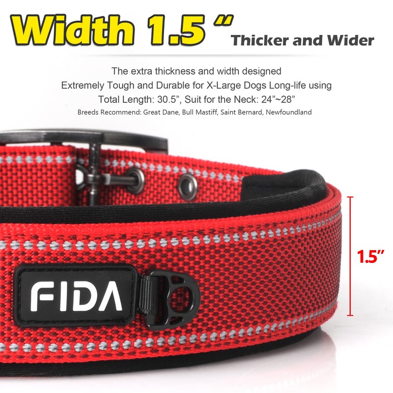 Fida Heavy Duty Dog Collar 1.5” Width, Ultra Soft Neoprene
