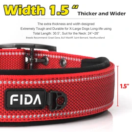 Fida Heavy Duty Dog Collar 1.5” Width, Ultra Soft Neoprene Padded, Adjustable Reflective Nylon Pet Collar with Two Metal Pin Belt Buckle for Large/X-Large Breeds (XL, Red)