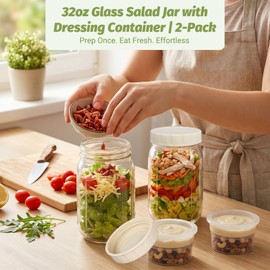 32oz Wide-Mouth Glass Salad Jars 2-Pack with Ivory Plastic Lids & Markings