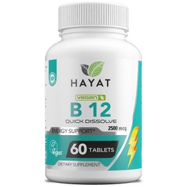 HAYAT Vitamins Vegan Natural Vitamin B12 2500 MCG, Dietary Supplement for Energy Metabolism Support, 2 Month Supply, All Natural, Certified Halal, 60 Tablets, Made in The USA