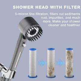 Inodiref Duschkopf Mit Schlauch Hochdruck Handbrause mit Filtration,Duschkopf Mit Filter 4 Strahlarten Duschkopf Wassersparend,Duschbrause Mit Schlauch 1,5M, mit Massagefunktion und Stopptaste(Grau)