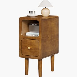 Narrow Nightstand, Solid Wood Night Stand with Drawers, Walnut Mid Century Modern Nightstand, Small Beside Table with Open Storage Shelf for Bedroom