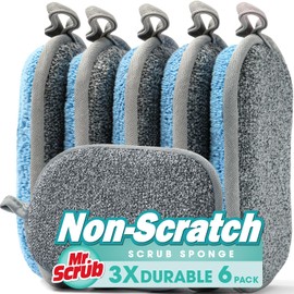 MR. SCRUB Sponges Kitchen Dish Sponge for Washing Dishes Cleaning Kitchen, All-Purpose, 6 Pack, Non Scratch, Rough Scrubbers Side for Non-Stick Cookware, Soft Microfiber Scrub Side for Dishes, Mr. Scrub
