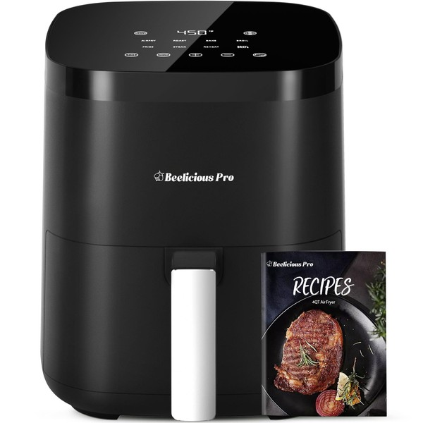 Air Fryer,Beelicious® 8-in-1 Smart Compact 4QT Air Fryers,Shake Reminder,450°F Digital Airfryer with Flavor-Lock Tech,Tempered Glass Display,Dishwasher-Safe & Nonstick,Fit for 2-4 People,Black