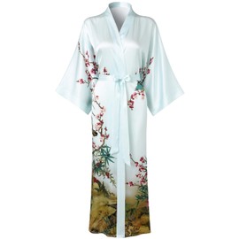 TicyLuck Women's Silk Kimono Robe Long Bathrobe Nightgown 100% Mulberry Silk for Women - Classic Floral Pattern (US, Alpha, One Size, Regular, Regular, Pale Blue)