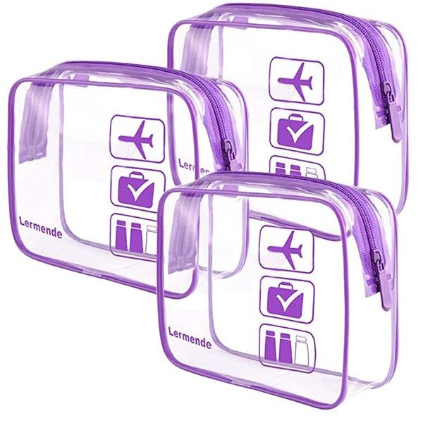 2 Pieces Lermende Clear Toiletry Bag, TSA Approved Cosmetic Bag, Travel, Carry-on, Transparent Bag, Airport Compliant Bag, Travel Accessories Quart-Size 3-1-1 Kit Luggage Bag, 3 purple, TSA approved