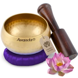 Tibetan singing bowl set for yoga, meditation and relaxation - hammered Tibetan singing bowl Ø 8 cm (3 in), mango wood mallet and ring cushion, purple
