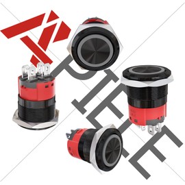 APIELE 110V-220V 22mm Latching Push Button Switch 15A Angel Eye LED Waterproof Aluminum Alloy Round Self-Locking 7/8'' 1NO 1NC 1 Pack (Black Shell-Red, 22MM)