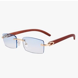 Sky Blue Gradient Tint Rimless Men Women Gold Frame Rectangle Sun Glasses Vintage Woodgrain Square Shades 90s Retro Unisex Hip Hop Frameless Stylish Designer Wood Arm Sunglasses, Blue, Medium