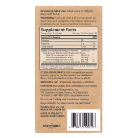 Enzymedica Nutritional Supplement Omega 3 Fish Oil Softgels 2000 mg 60 Count Non GMO