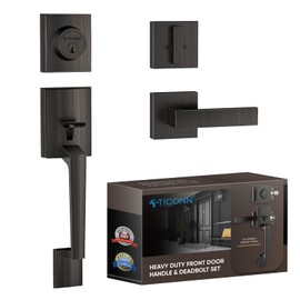 TICONN Front Door Handle Set, Heavy Duty Square Door Lever & Single Cylinder Deadbolt Combo Reversible for Entrance Exterior Doors (Oil Rubbed Bronze)