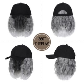 Qlenkay Baseball Cap with Hair Extensions 14inch Wavy Curly Bob Hairstyle Adjustable Wig Hat Attached Synthetic Hairpiece for Woman Black to White