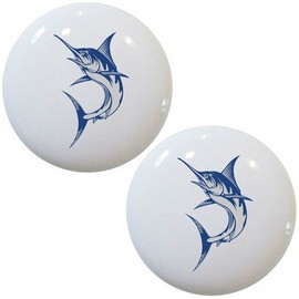 Set of 2 Blue Marlin Fish Ceramic Cabinet Drawer Pulls Knobs