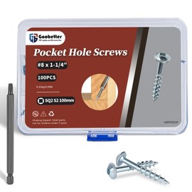 Pocket Hole Screws 1-1/4 Inch, Goobetter Pocket Screws #8 X 1-1/4" 100 Pcs, Washer Head with Square Drive, Coarse Thread Wood Screws, Zinc Plated, for Indoor Use, 100MM Drive Bit Included