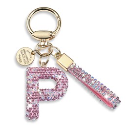 Pink Blue White Initial Letter Keychain Gift for Women Girls Bling Sparkly Cute Backpack Car Key Accessories Lanyard (P-pink diamond)