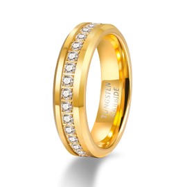 TRUMIUM 6mm Gold Rings for Women Men Tungsten Wedding Band White Cubic Zirconia Eternity Ring CZ Inlaid Beveled Polished Edge Comfort Fit Size 7