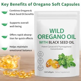 Cápsulas blandas de aceite de orégano, 120 unidades, 2 en 1, 6000 mg de aceite de orégano con aceite de semilla negra 200 mg, cápsulas de suplemento d