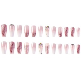 Resweky Coffin Lange Falsche Nägel Kristall Glitter Farbverlauf Rosa Nackte Nägel Falsche Nägel Volle Abdeckung Acryl Gefälschte Nägel Französisch Druck auf Nägel für Frauen