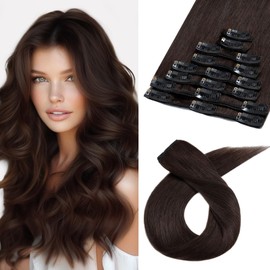 Benehair Human Hair Clip in Extensions #2 Dark Brown Real Remy Hair Extensions Clip in Long Double Weft Straight Hairpieces for Full Head Seamless 8 Pcs Set with 18 Clips 10 Inch (50 g)