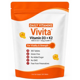 Vivita Vitamin D3 + K2 MK-7 4000 IU Vitamin D3 & 100 µg K2 365 Tablets One Year Supply Bone & Immune Support High Strength Improve digestive health Improved mood & Mental Health cardiovascular Protect
