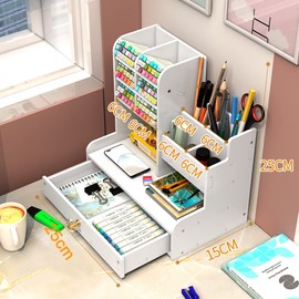 Vikmyer Wooden Pencil Holder, Desk Organiser, Multifunctional Desktop Stationery, Pen Holder Box for Home, Office, School Supplies, Storage Shelf with Drawer, White-pb17