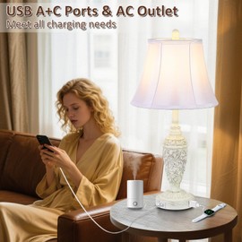 Sheetea 2-Pack 26.8’’ Vintage Table Lamps with Dual USB Charging Ports & AC Outlet, Traditional White Bedside Lamps Set of 2 with Carved Resin Base and Faux Silk Shade for Bedroom, Living Room, Office