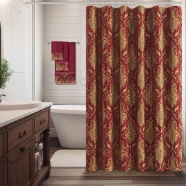 Loom and Mill Textured Fabric Shower Curtain Set with 12 Metal Hooks, Red Damask Bathroom Shower Curtain Sets Classic Medallion Design, Waterproof Heavyweight Shower Curtain for Home Bathroom(72x72)