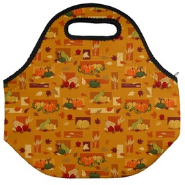 Fall Autumn Harvest Pumpkin and Squash pattern Soft Neoprene Lunch Bag, Lightweight, Insulated, Reusable for School, Work, Office