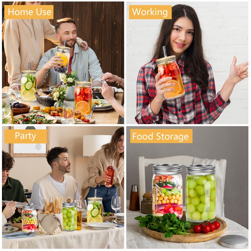 Icesip 4Pack 32oz Vintage Mason Jars with Bamboo Lids, Wide