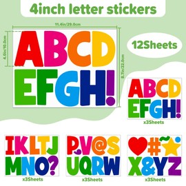 108 PCS Letter Stickers Large 4 Inch Bulletin Board Letters 12 Sheets Vinyl Self Adhesive Alphabet Stickers for Bulletin Board Education Poster Board Classroom Display Craft Home Wall Decor(Colorful)