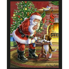 Marshall Dry Goods Cookie Thief by Rose Mary Berlin - Christmas Digitally Printed Panel Fabric - Santa Puppy Christmas Tree - 100 percent Cotton
