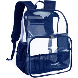 GiMiUiTo Clear Backpack,18'' See Through Backpack School Approved Heavy Duty Clear Backpack Transparent Bookbag for College Work Travel Security,Navy Blue