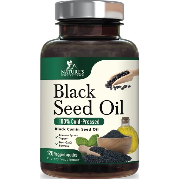 Premium Black Seed Oil Capsules 1000mg - Vegan Cold-Pressed Nigella Sativa Black Seed Oil, Nature's Pure Black Cumin Seed Oil for Immune, Hair and Brain Support, Non-GMO - 120 Capsules