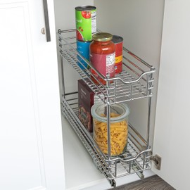 Household Essentials Narrow Sliding Cabinet Organizer, Two Tier Chrome Organizer, Chrome, Great for Slim Cabinets in Kitchen, Bathroom and More