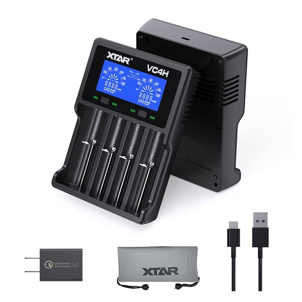 18650 Battery Charger XTAR VC4H 4bays 21700 Battery Charger USB C Charger AA AAA Battery Charger (VC4H+QC3.0 Adapter)