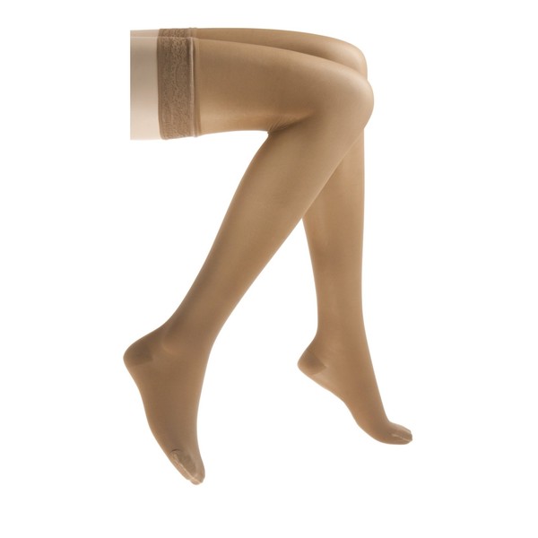 JOBST UltraSheer Thigh High with Lace Silicone Top Band, 20-30 mmHg Compression Stockings, Closed Toe, Large, Suntan