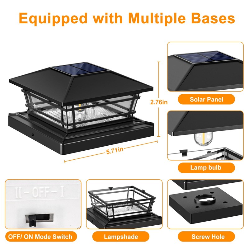 Kipeini Solar Post Cap Lights Outdoor 8Pack [LED Bulb, 2
